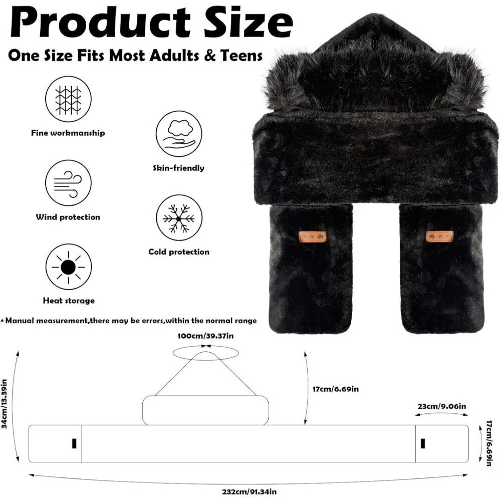 Women Hooded Scarf Gloves Set Faux Fur Warm Winter Accessory